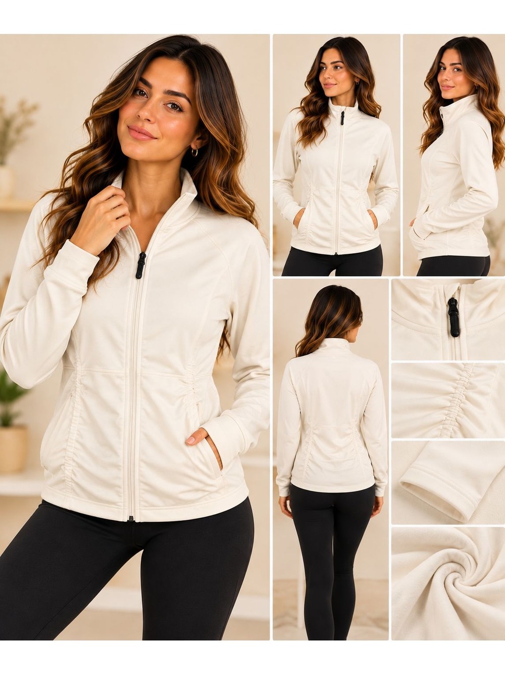 Calvin Klein  Womens Quick Dry Ruched Front Full Zip Jacket Size L White